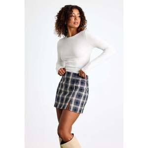 Lulus Greeting The Season Navy Plaid High-waist Mini Skirt Blue - Size L